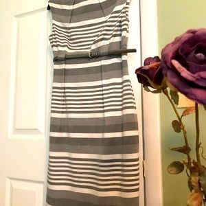 Gray and white stripe sheath dress w/ silver  belt